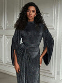 Elegant Metallic Knit Drawstring Sleeve Maxi Dress