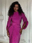 Elegant Metallic Knit Drawstring Sleeve Maxi Dress