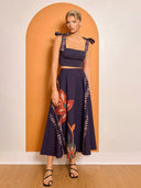 Exquisite Square-Neck Bow Tank Top And Printed A-Line High-Waist Midi Skirt Set