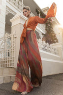 Casual Bell-Sleeve Tie-Up Top with Colorful Print High-Waisted Wide-Leg Pants Set