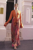 Casual Bell-Sleeve Tie-Up Top with Colorful Print High-Waisted Wide-Leg Pants Set