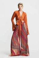 Casual Bell-Sleeve Tie-Up Top with Colorful Print High-Waisted Wide-Leg Pants Set