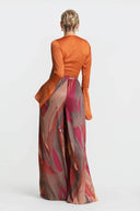 Casual Bell-Sleeve Tie-Up Top with Colorful Print High-Waisted Wide-Leg Pants Set