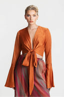 Casual Bell-Sleeve Tie-Up Top with Colorful Print High-Waisted Wide-Leg Pants Set