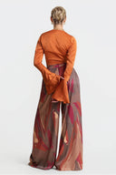Casual Bell-Sleeve Tie-Up Top with Colorful Print High-Waisted Wide-Leg Pants Set