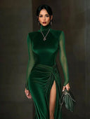 Elegant Velvet Mesh Sleeve High-slit Maxi Dress