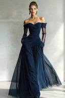 Off-Shoulder Mesh Splicing Maxi Dress