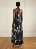 Fashionable Backless Printed Pleated Chiffon Maxi Dress