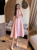 V-Neck High-waisted A- Line Midi Dress