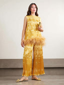 Exquisite Abstract Print Sleeveless Feather-Trim Top