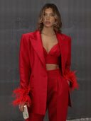 Elegant Satin Feather-embellished Double-breasted Blazer