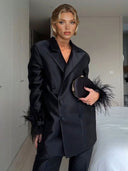 Elegant Satin Feather-embellished Double-breasted Blazer