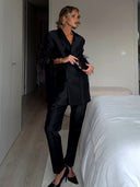 Elegant Satin Feather-embellished Double-breasted Blazer