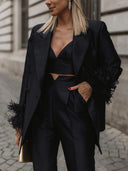 Elegant Satin Feather-embellished Double-breasted Blazer