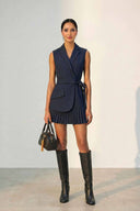 Lapel Belted Pleated Mini Blazer Dress