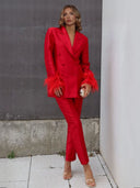 Elegant Satin Feather-embellished Double-breasted Blazer
