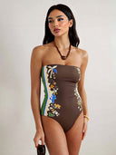 Strapless Tropical Abstract Print One-Piece Swimsuit