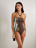 Strapless Tropical Abstract Print One-Piece Swimsuit