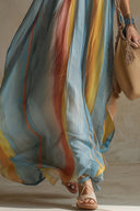 Exquisite Romantic Vacation Blue Rainbow Print Chiffon Maxi Dress