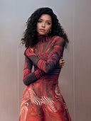 Retro Abstract Print Mesh T-shirt & Wide-leg Pants Two-piece Set
