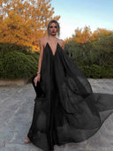 Elegant Black V-neck Chiffon Flowy Maxi Dress