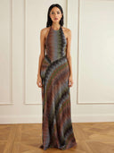 Retro Casual Halter Neck Irregular Striped Maxi Dress