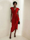Elegant Draped Neckline Fitted Midi Dress