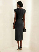 Elegant Draped Neckline Fitted Midi Dress