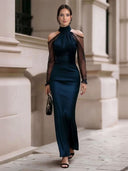 Elegant High-neck Satin Sheer Mesh Sleeve Maxi Dress