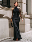 Elegant High-neck Satin Sheer Mesh Sleeve Maxi Dress