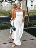Exquisite Strapless Floral Pleated High-Slit Maxi Dress