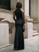 Elegant High-neck Satin Sheer Mesh Sleeve Maxi Dress