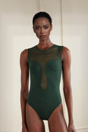 Unique Backless Mesh-Trim One-Piece Swimsuit