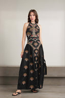 Retro Pleated Print Linen Backless Maxi Dress