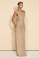 Off-Shoulder Shiny Pleated Maxi Dress