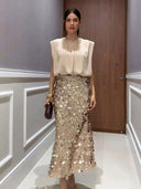 Elegant Sleeveless Blouse & Sequin Midi Skirt Two-Piece Set