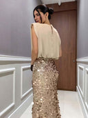 Elegant High-Waist Sequin Midi Skirt
