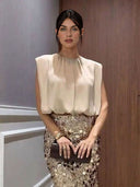 Elegant Sleeveless Blouse & Sequin Midi Skirt Two-Piece Set