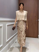 Elegant Sleeveless Blouse & Sequin Midi Skirt Two-Piece Set