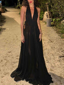 Elegant Deep V-neck Pleated Flowing Chiffon Maxi Dress