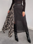 Elegant Asymmetric Plaid Overlay Top & Slim Midi Skirt Two-Piece Set