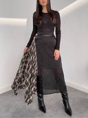 Elegant Asymmetric Plaid Overlay Top & Slim Midi Skirt Two-Piece Set
