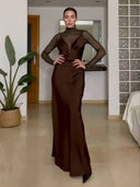 Elegant Sheer High-Neck Long-Sleeve Maxi Dress
