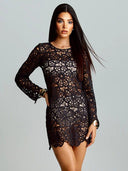 Casual Black Embroidered Hollow-Out Mini Dress