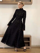 Elegant High-Neck Lace Slit Midi Dress