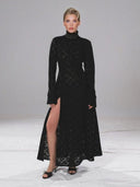 Elegant High-Neck Lace Slit Midi Dress