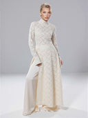 Elegant High-Neck Lace Slit Midi Dress