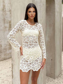 Casual White Embroidered Hollow-Out Mini Dress