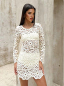 Casual White Embroidered Hollow-Out Mini Dress