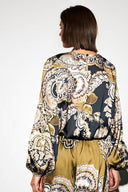 Exquisite Satin Paisley Print Elastic-Waist Wide-Leg Pants